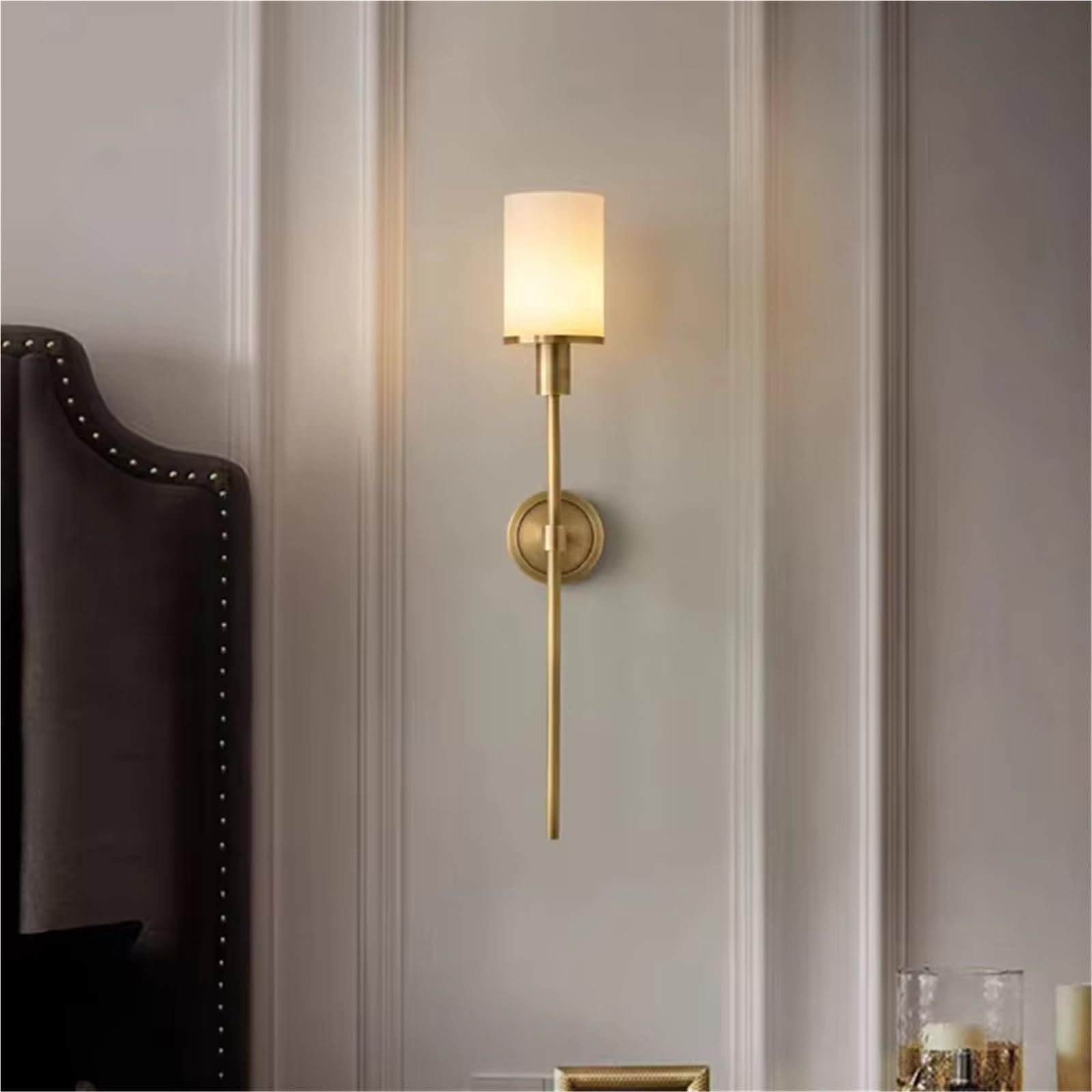 ZTCHSENZT Vintage Brass Wall Lamp Living Room Dining Room Bedroom Natural Marble Sconce E14 Bulb Lighting Gold Black Copper,Natural light-Gold 65cm