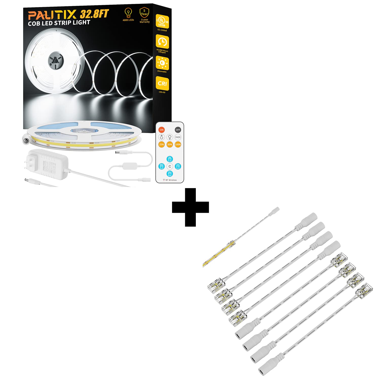 PAUTIX COB LED Strip Light 32.8ft/10m 4800LEDs Daylight White 6000K,CRI90+ Super Bright High Lumen,Dimmable 24V Flexible LED Tape Light with RF Remote,Strip to DC Female Plug Extension Connectors