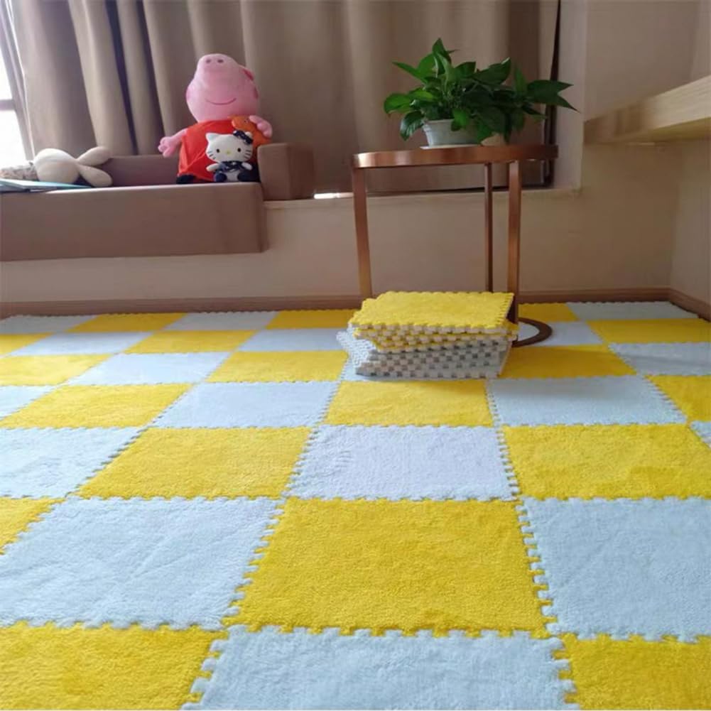 10 Tiles Interlocking Puzzle Play Mat 30x30x1cm EVA Foam Floor Mats,Fluffy Area Rug for Living Room Bedroom,Non-Slip Protective Floor Carpet (Blue Yellow)