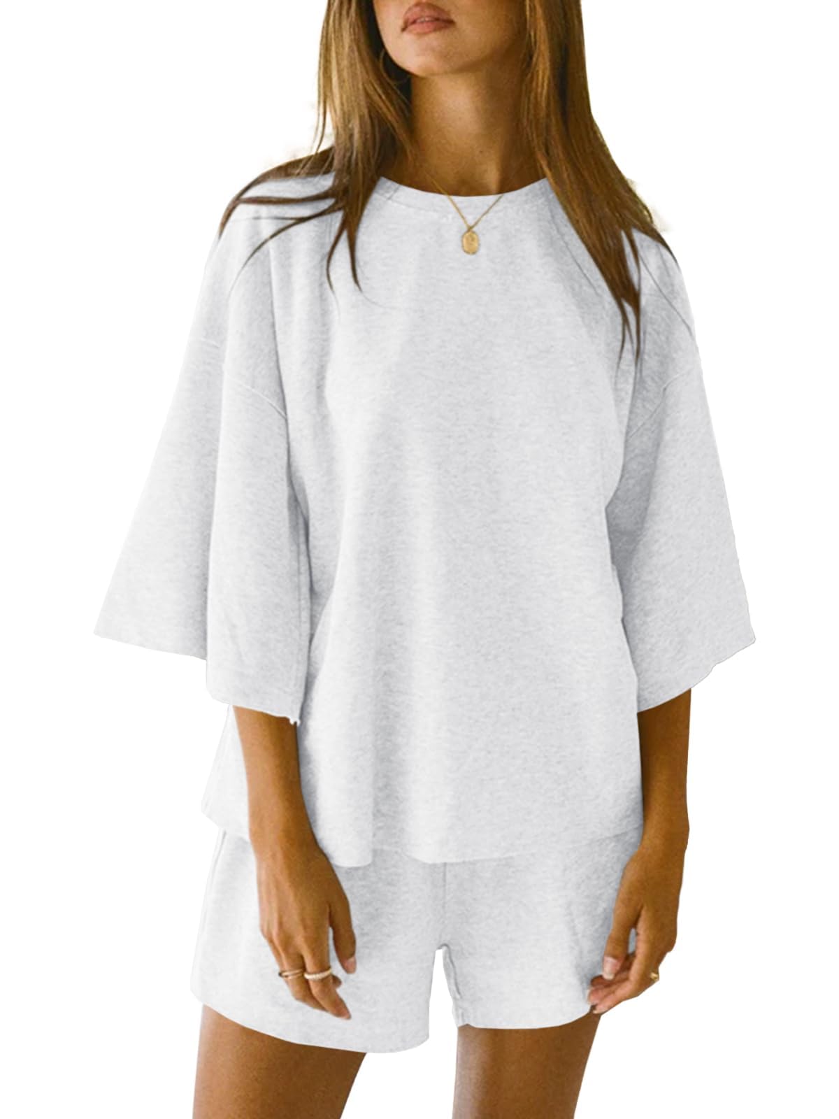 Imily Bela Schlafanzug Damen Kurz Rundhals Pyjama Set Sommer 3/4 Ärmel Lounge Set Locker Lässig(Weiß,L)