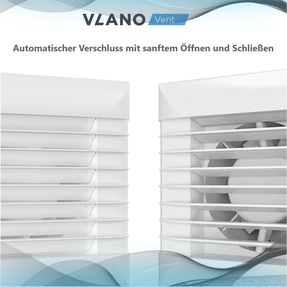 Vlano FLAP 100/125 TH Badlüfter mit Feuchteregelung, Nachlauf, Automatische Jalousien, 85/130 m³/h, Abluftlüfter, Wandventilator, Hygro, Timer, 100mm, 125mm, Weiß (100 mm)