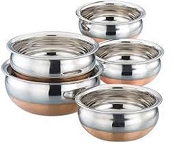 Liolis Handi Sauce Pot Stainless Steel Copper Base Serving Bowls Cookware Set Biryani Handis Rasoi Bartan Kitchen Cooking Bowl Punjabi Pot Pan Combo Accessories Items Set 5-Pieces