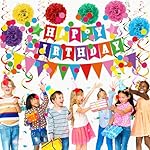 Clabby Rainbow Birthday Decorations Kit Including Colorful Happy Birthday Banner Hanging Swirls Streamers Cutouts Honeycomb Flower Balls Triangle Bunting Flag Circle Dots Confetti Garland Supplies - Image 5