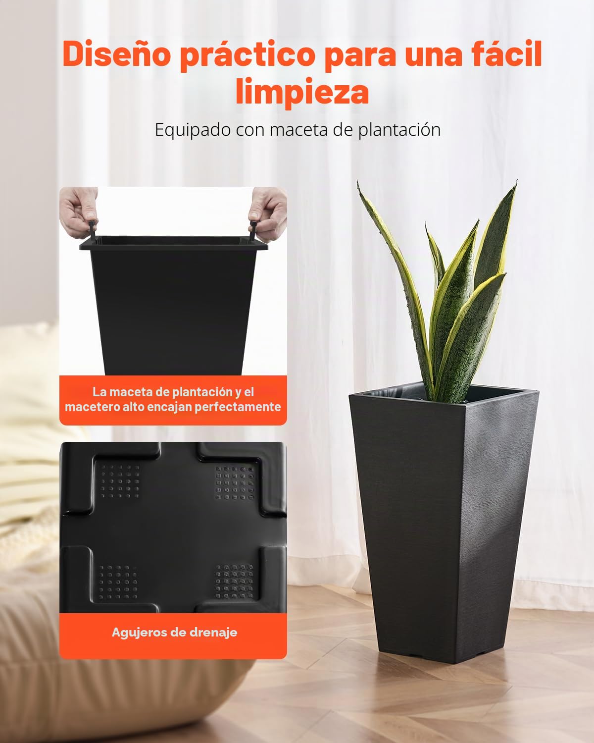VEVOR Jardineras Altas de 570 mm 2 Piezas Jardineras Grandes para Plantas Jardineras Cuadradas Cónicas para Porche Delantero Macetas para Plantas de Árboles Diseño Moderno Drenaje Incorporado, Negro