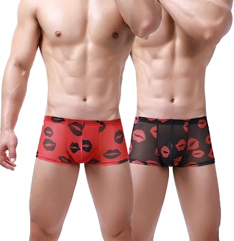 Mens Underwear Sexy Mesh Breathable Boxer Briefs Low Rise Lips Print Cool Boxers Trunks
