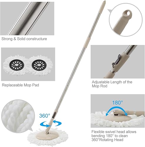 Miniatura 5 de Eyliden Sistema de cubo de trapeador giratorio de 360, secado rápido, 2 almohadillas de microfibra, mango ajustable, trapeador y cubo para pisos