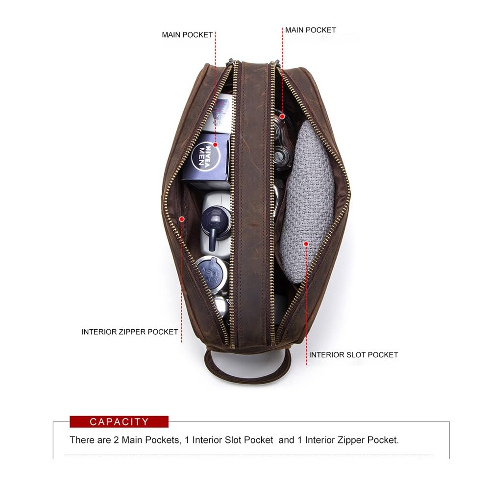 Kulturbeutel für Herren, Leder-Rasiertasche für Herren, Leder-Kulturbeutel, Leder-Kulturbeutel für Herren, Kulturbeutel, Reise-Kulturbeutel, Hygiene- und Pflegeset, Schwarz