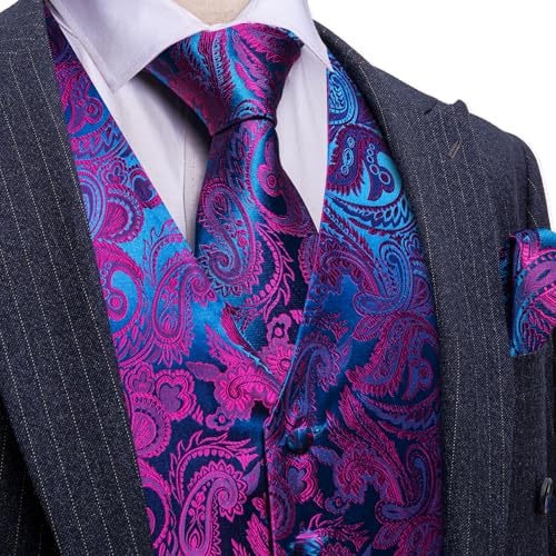 Barry.Wang Men's V-Neck Suit Vest Solid Paisley Waistcoat Silk Tie Hanky Cufflink Clip Set Wedding Party Business Formal2