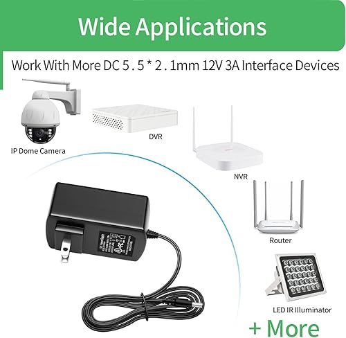 Miniatura 5 de [Certificado UL] Security-01 - Paquete de 2 adaptadores de fuente de alimentación de CA a CC 12 V 3A de 0.217 in x 0.083 in para cámara CCTV DVR NVR