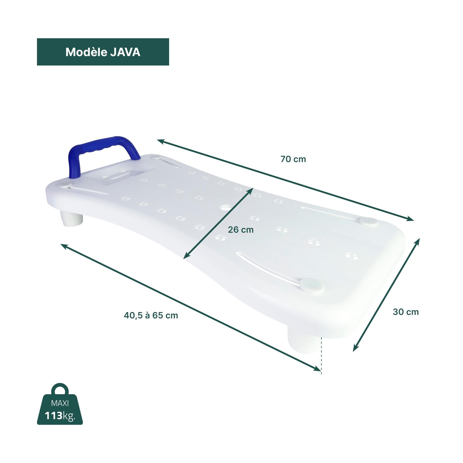 Identités, Planche de Bain, Modèle Java, Douche Sécurisante dans Baignoire, Fixation Sûre, Poignée Antidérapante, Porte-Savon, Poids Max Supporté de 100 kg, Longueur de 70 cm, Largeur de 30 cm