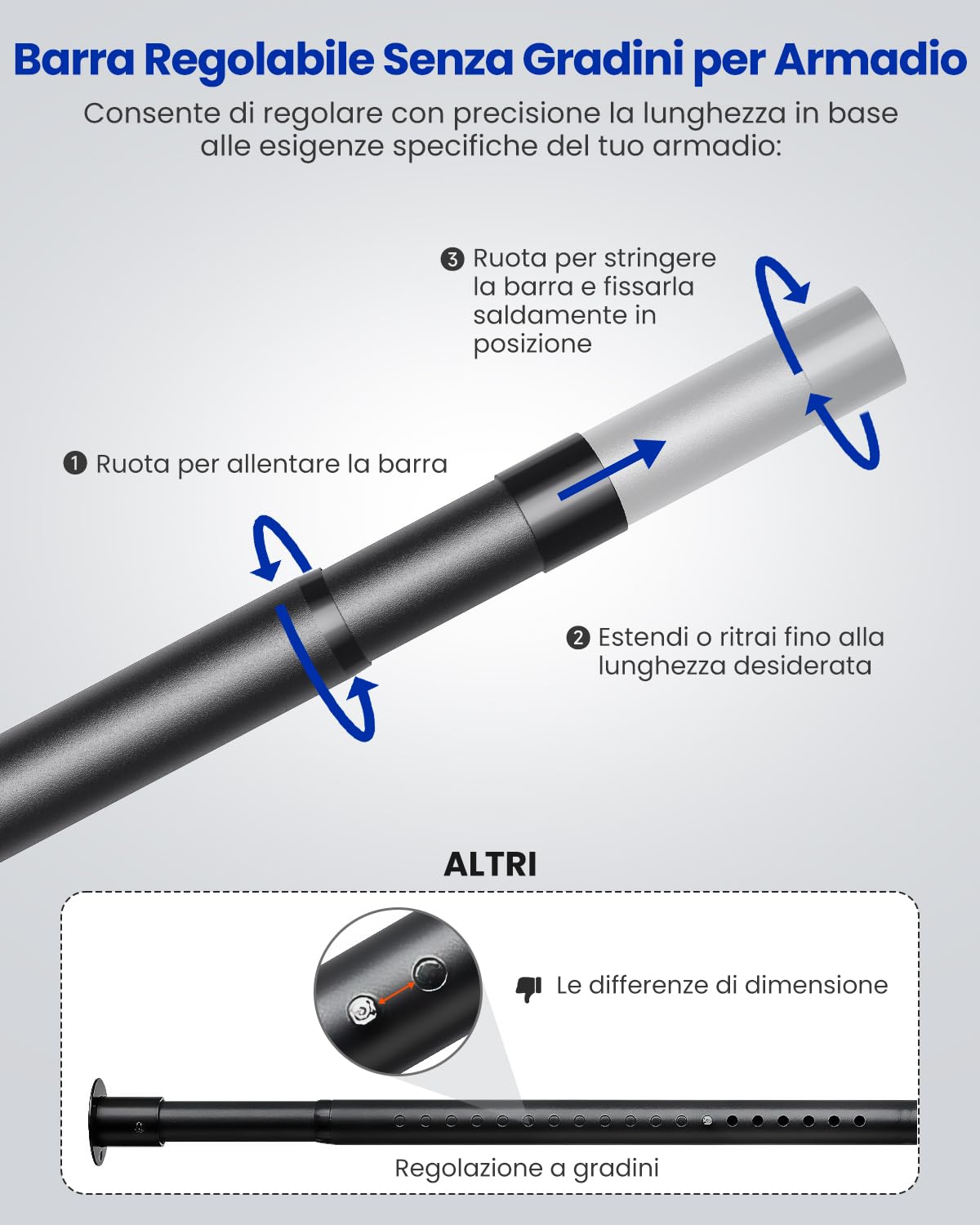 Supforce Asta Armadio Estensibile 43-135 CM, Barra Appendiabiti per Armadio, Guardaroba, Lavanderie, Camper, Nero, Metallo