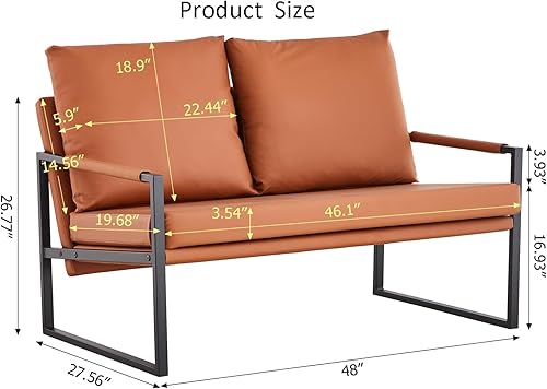 Miniatura 3 de Sofá de banco de cuero sintético, sofá tapizado de 48 pulgadas de ancho, silla decorativa moderna de mediados de siglo, sillón de 2 plazas de metal