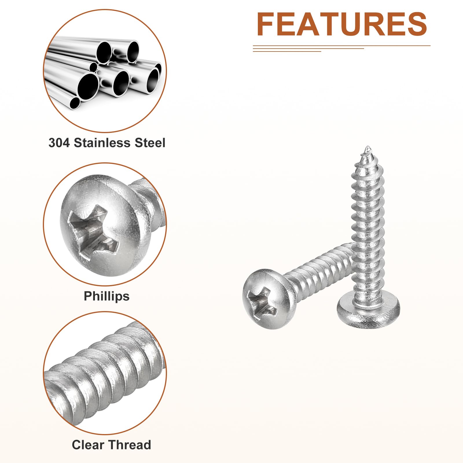 DTGN #8x7/8" Phillips Pan Head Self-tapping Screw - 100Pack - Bright Finish 304 Stainless Steel Sheet Metal Screws Wood Screws - Image 4