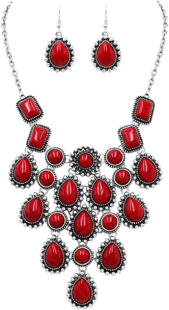 Rosemarie Collections Women’s Western Chic Natural Howlite Stone Dangle Statement Bib Necklace Drop Earrings Jewelry Set