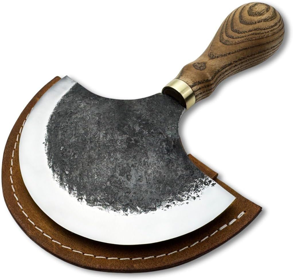 Sharky Leather Round Knife 4.1 in (10.5 cm) – Half Moon Head Knife for Leather – Carbon Steel Blade with Ash Wood Handle – Cutting Tools for Working – Handmade in Ukraine (With Sheath)