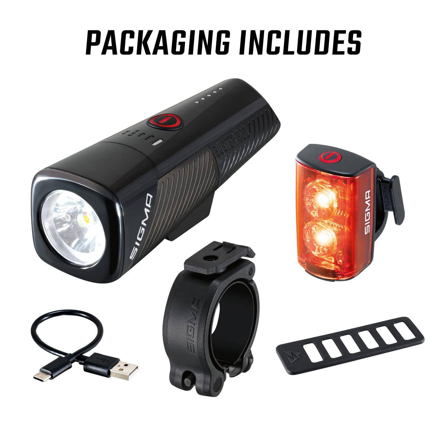 SIGMA - Buster 800 / RL 80 | przednia i tylna lampa LED | 800 lumenów i 80 lumenów | zasilana bateryjnie, ładowalna przednia i tylna lampa z pięcioma trybami świecenia