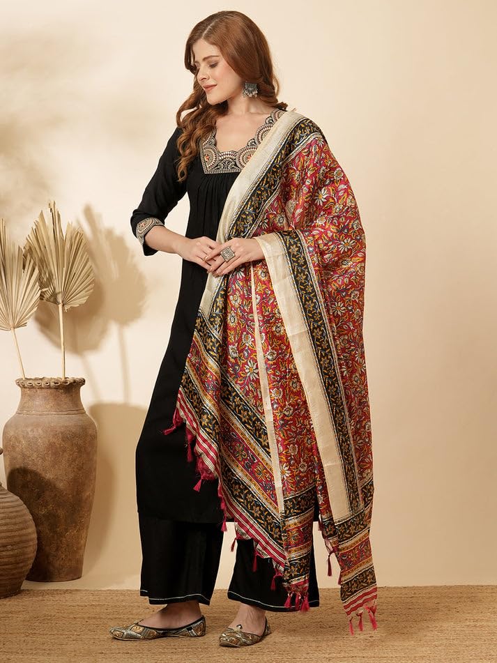 Image of Solid Ethnic Embroidered A-Line Pleated Kurta with Palazzo & Printed Dupatta