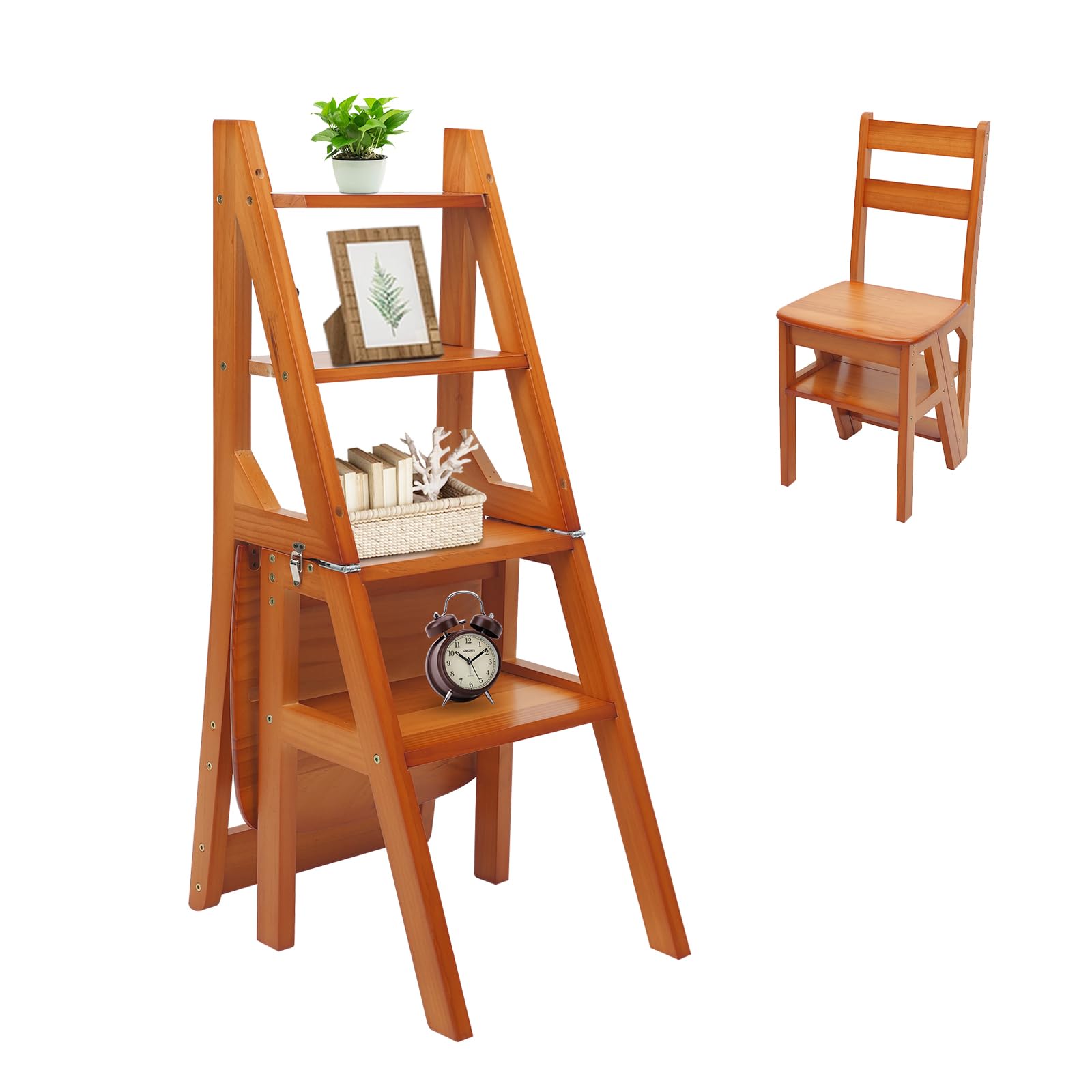Folding Ladder with Seat | 4 Steps Pine Wood Step Ladder and Stool | Load Capacity 100 kg | Height Adjustable for Kitchen, Library and Home | Stable and Saving