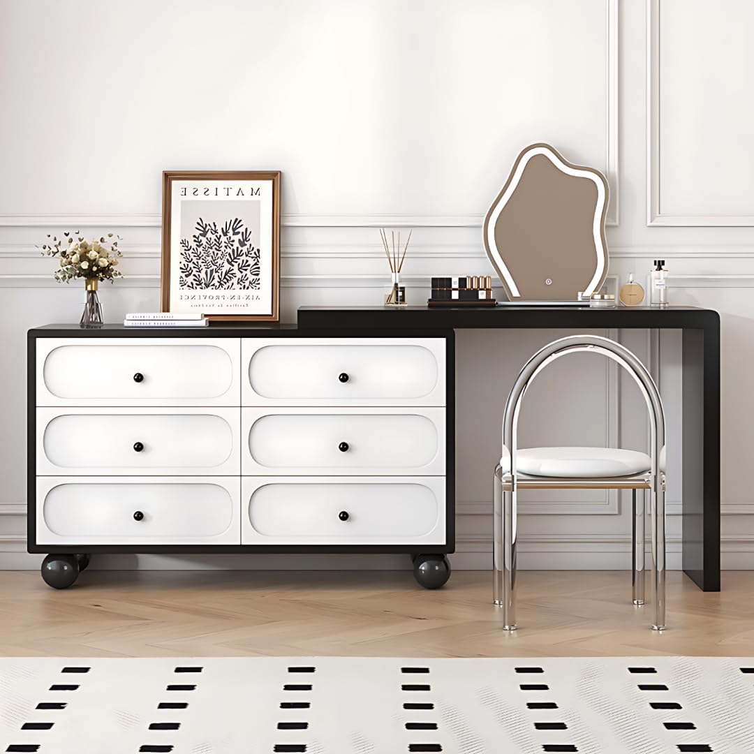 Luxury Makeup Vanity - Solid Wood Vanity Set with 6 Drawers, Smart LED Lights Mirror Vanity with Crystal Chair & Free Retractable Side Cabinet for Bedroom (Black White 47'')