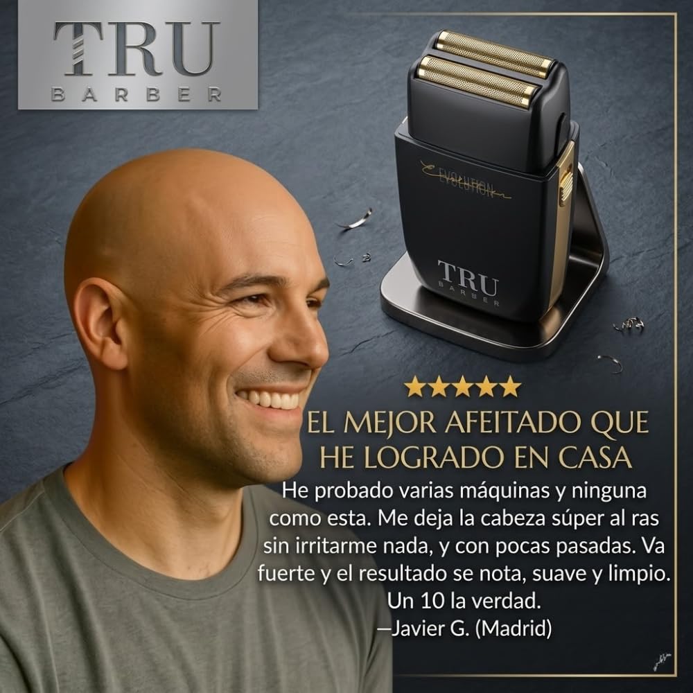 TRU BARBER Evolution – Afeitadora eléctrica profesional hombre 9000 rpm con lámina de titanio, ideal para barba, cabello y cabeza calva, batería larga duración recargable USB