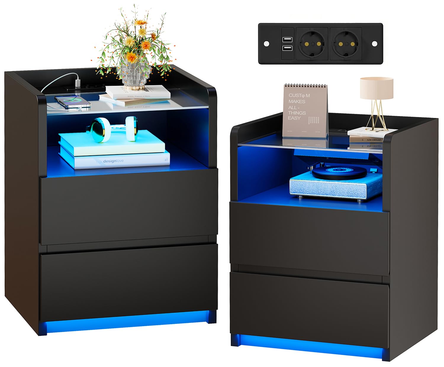 ANWBROAD Juego de 2 Mesitas de Noche con Enchufes Integrado y LED Luces, Mesilla de Noche con Tapa de Vidrio, Mesa Auxiliar con 1 Compartimento Abierto y 2 Cajones,para Salón,Dormitorio,Negro BNS001B