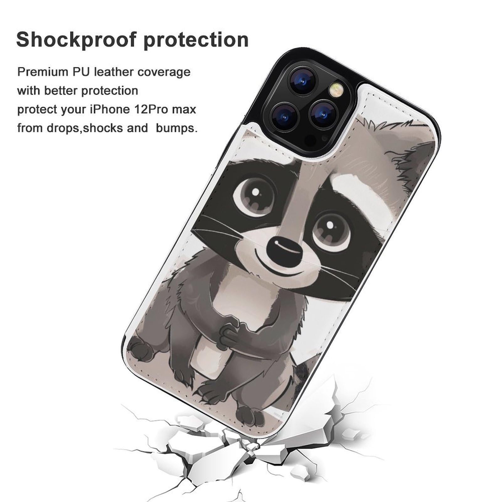 Fundas tipo cartera para iPhone 12 Pro Max, diseño de dibujos animados con estampado de mapache con ranuras para tarjetas