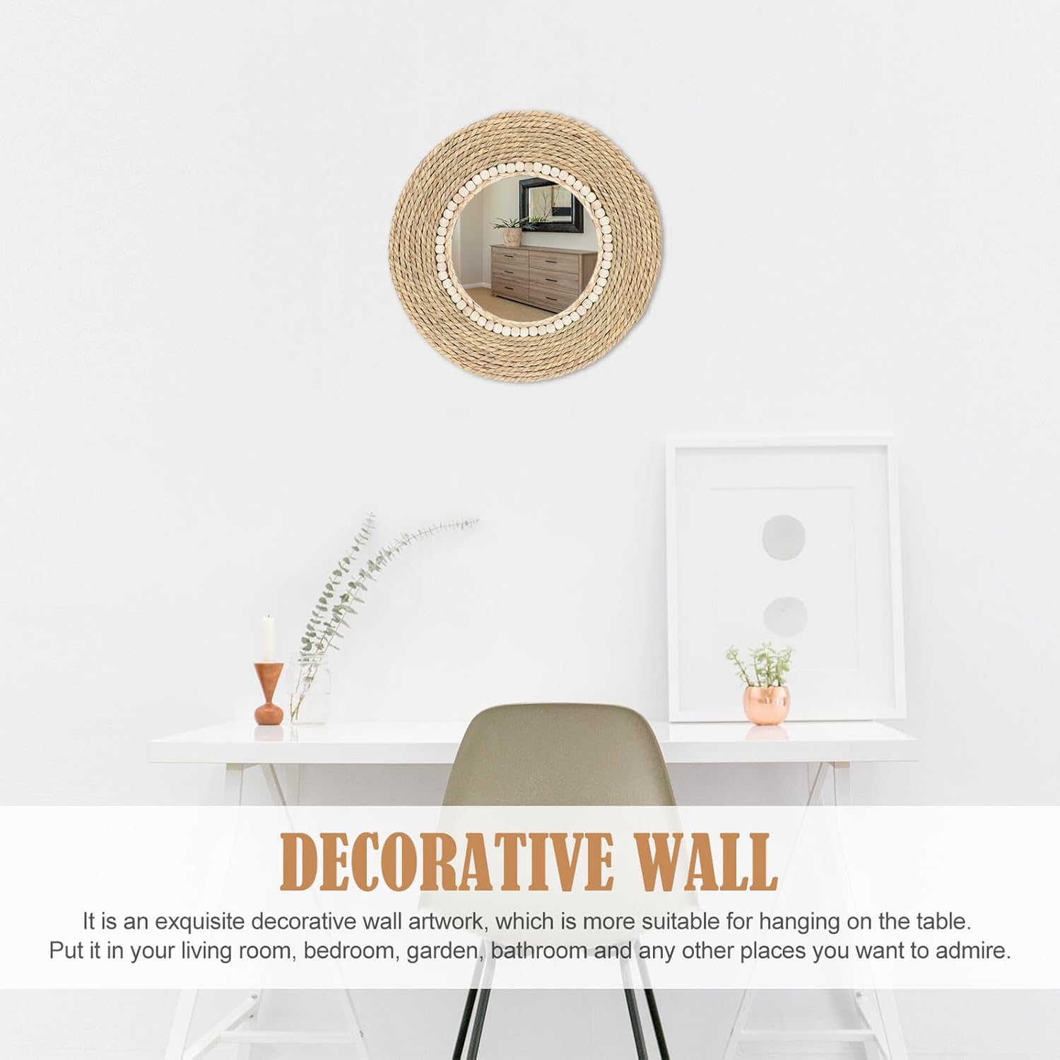 ERINGOGO 草ロープ 壁装飾ミラー ラウンドクリエイティブミラー 壁掛け用 ホテルや家庭用 コンパクトサイズ