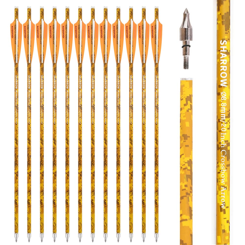 SHARROW Archery Carbon Crossbow Bolts Arrows 16 17 18 20 22 Inch Carbon Arrows Camo Shafts with 4" Feathers for Crossbow Hunting Shooting (Type 1: Orange 1, 16")