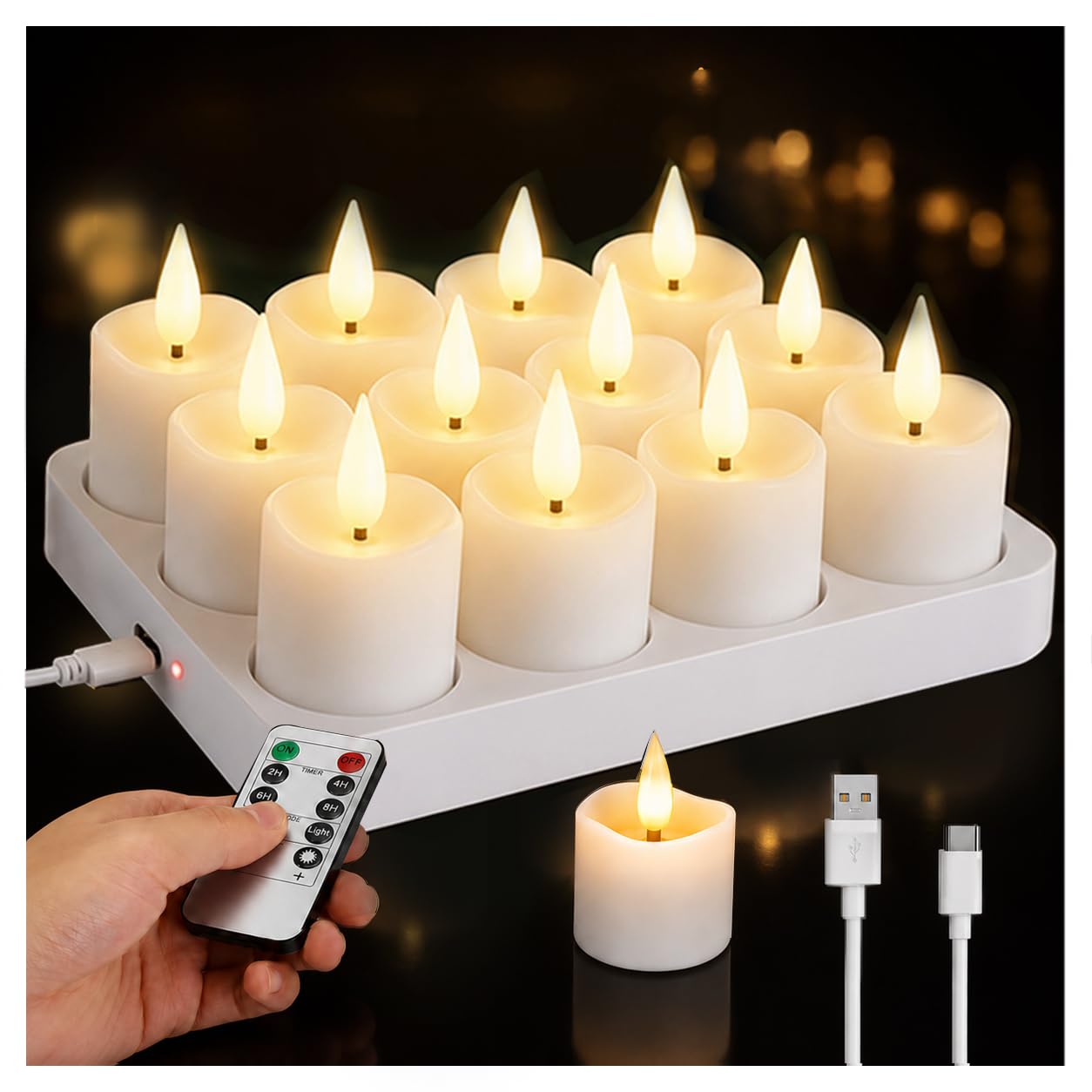 12er Set LED Teelichter Wiederaufladbar mit Ladestation & Fernbedienung 90H