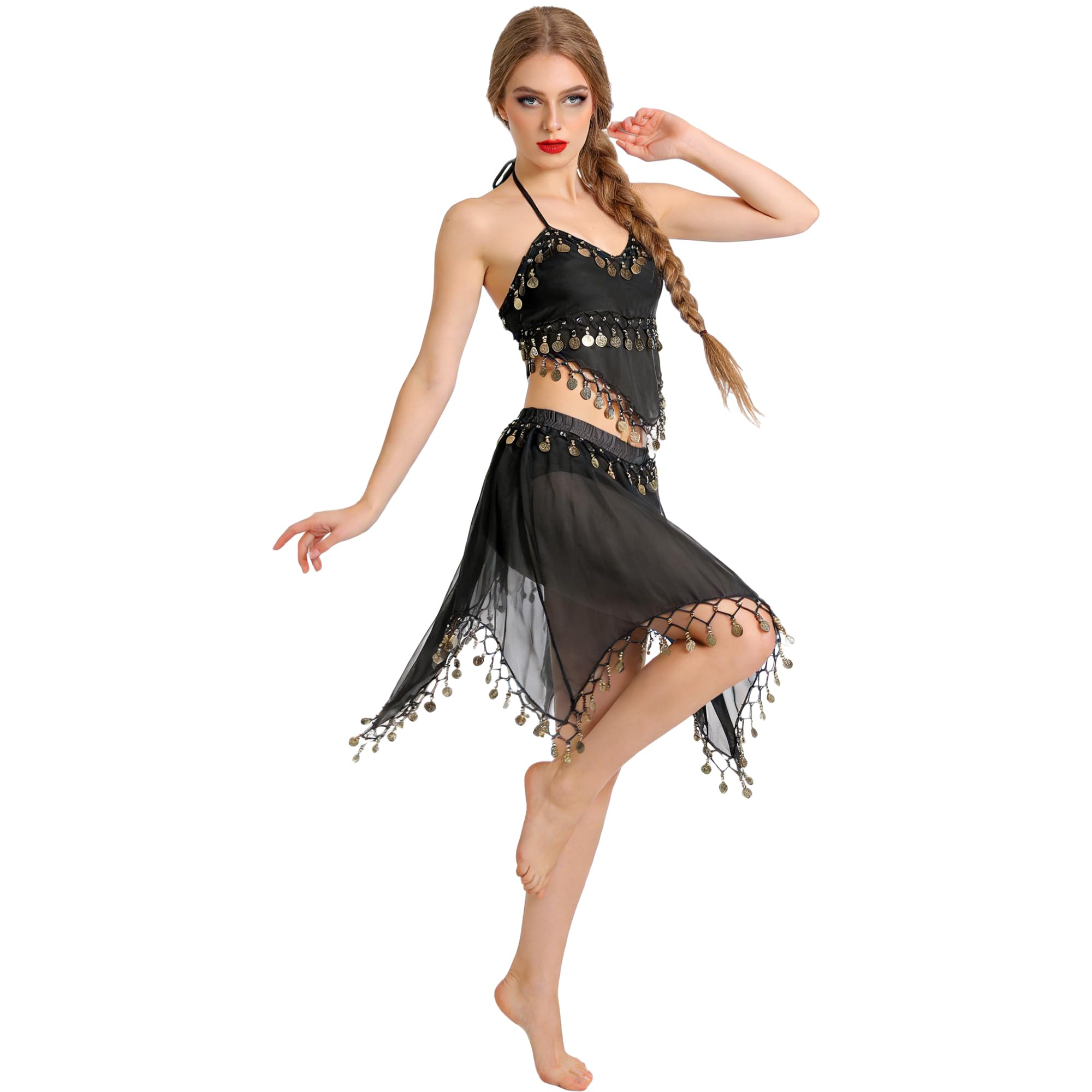 Wildarms Costume Danza del Ventre Carnevale Donna, Set 2 pz Top & Gonna con Paillettes, Abito Premium per Festa e palco (IT, Testo, Taglia Unica, Regular, Regular, Nero)