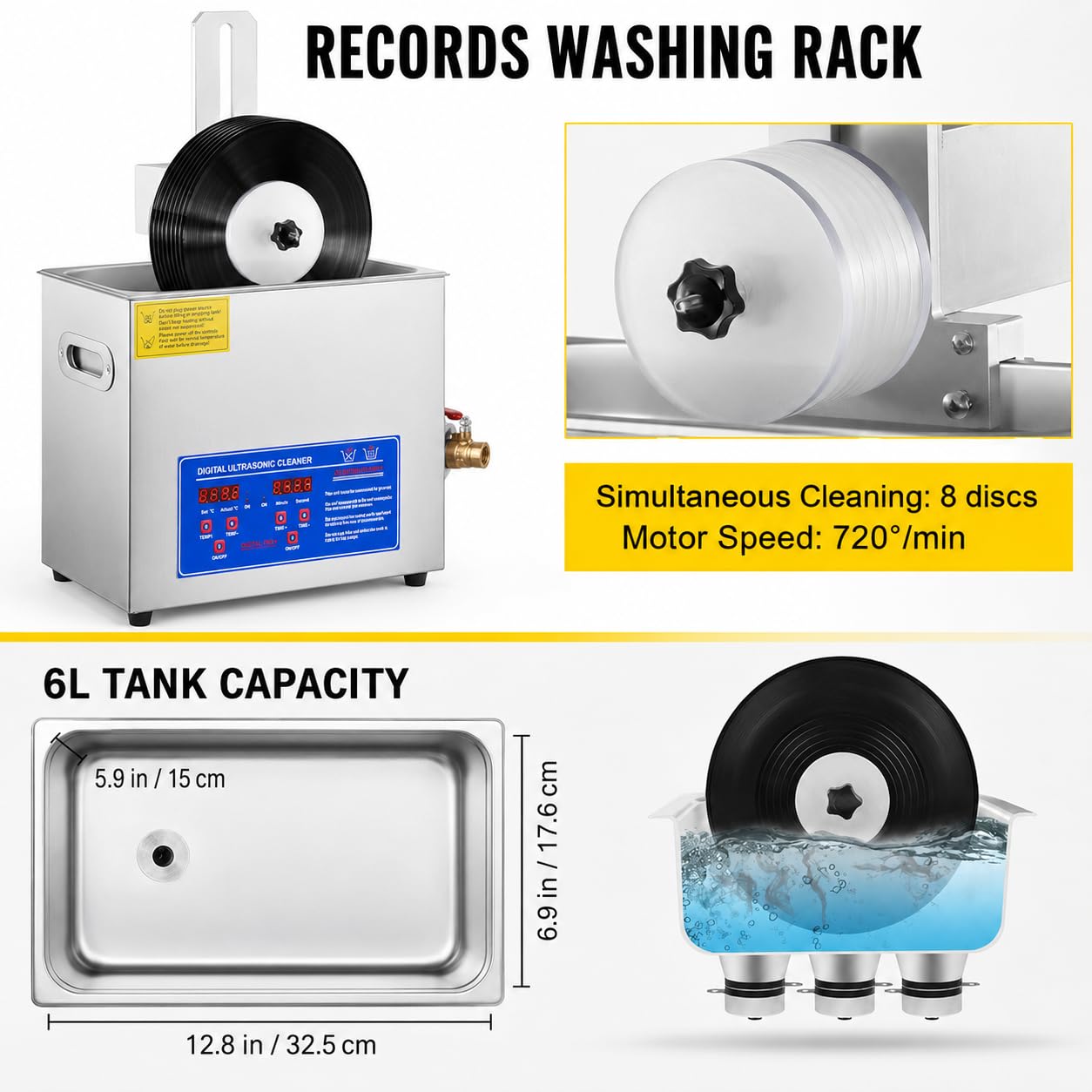 Ultra Vinyl Record Cleaner 6.5L, 180W Lavatrice in acciaio inox con stendibiancheria regolabile, perfetto per la pulizia di dischi, gioielli e oggetti sensibili