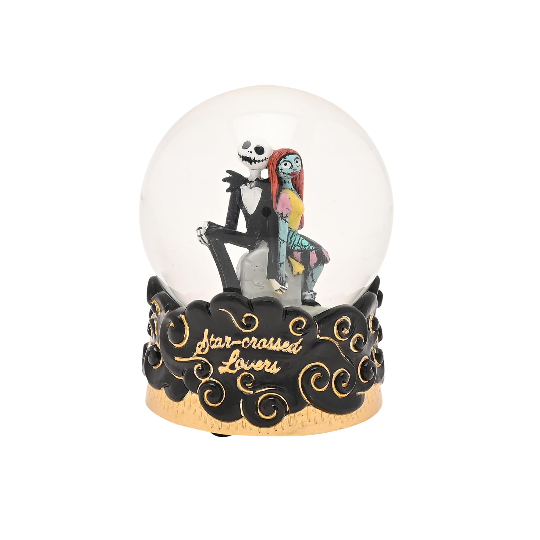 Boule à neige Disney L'Étrange Noël de monsieur Jack Skellington et Sally | Figurines Boule d'eau noire et dorée avec base gothique – Cadeau de collection pour les fans