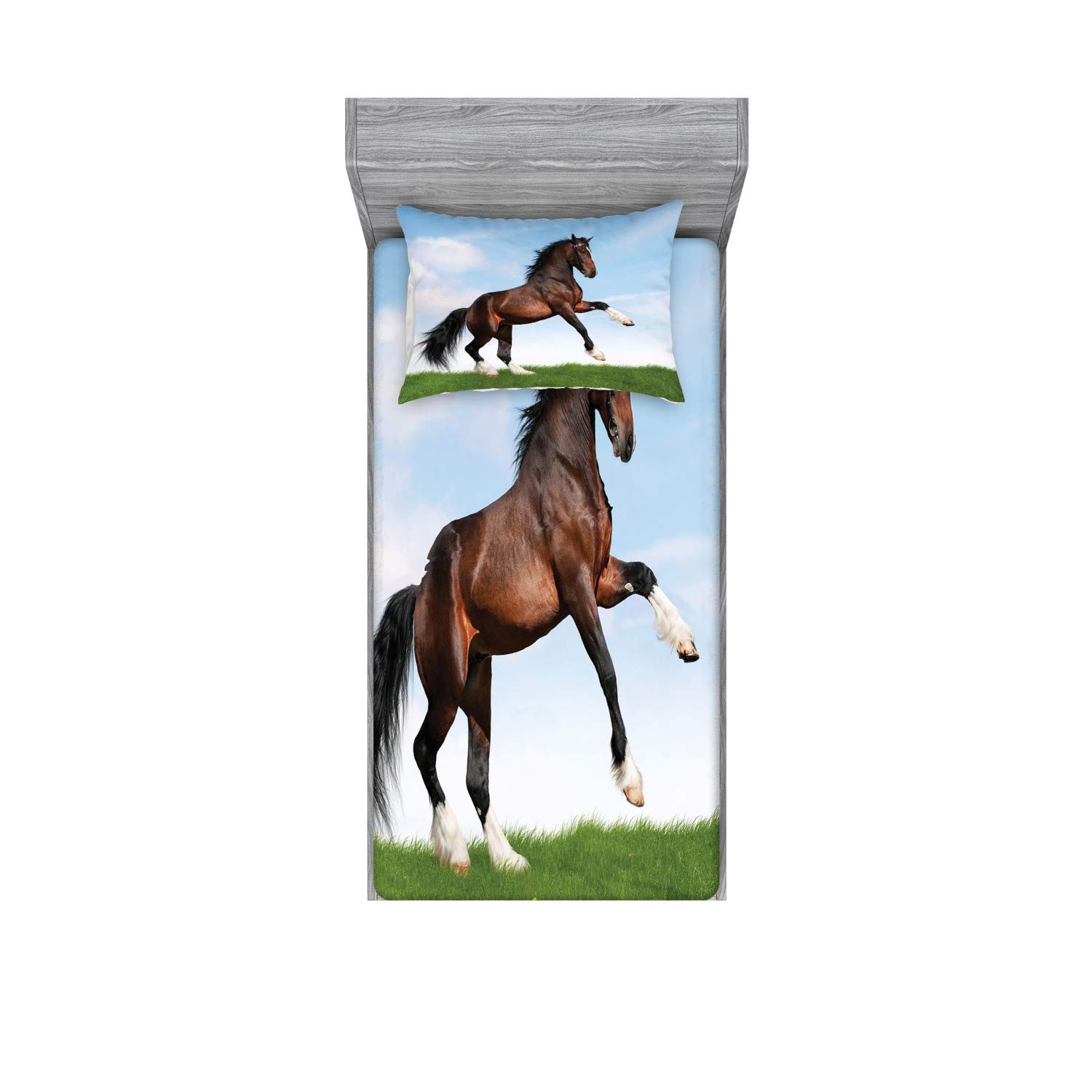 Ambesonne Horses Fitted Sheet & Pillow Sham Set, Bay Horse Pacing on The Grass Energetic Noble Character of The Nature Concept, Decorative Printed 2 Piece Bedding Decor Set, Twin, Green Brown
