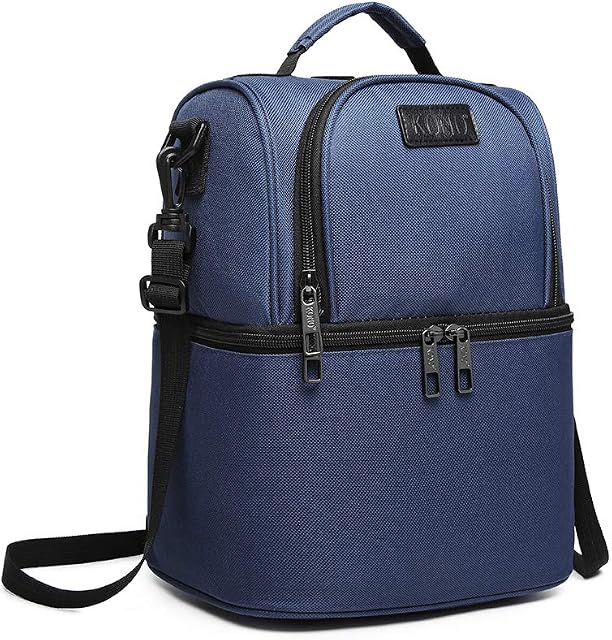 Kono Insulated Lunch Bag Double Decker Cooler Reusable Leakproof Picnic Backpack for Office Outdoor Camping BBQ 10L (New Navy)