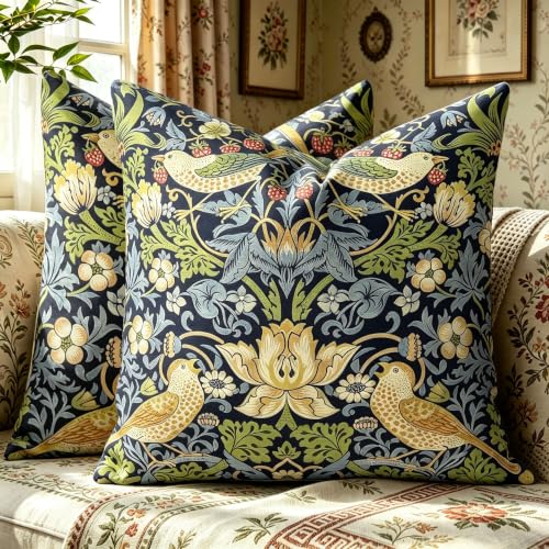 Image of HUASHUZI Cushion Covers William Morris 50x50cm Strawberry Thief Decorations Double Sided Pattern Throw Pillow Case Set of 2 Home Decor for Sofa Bench Couch