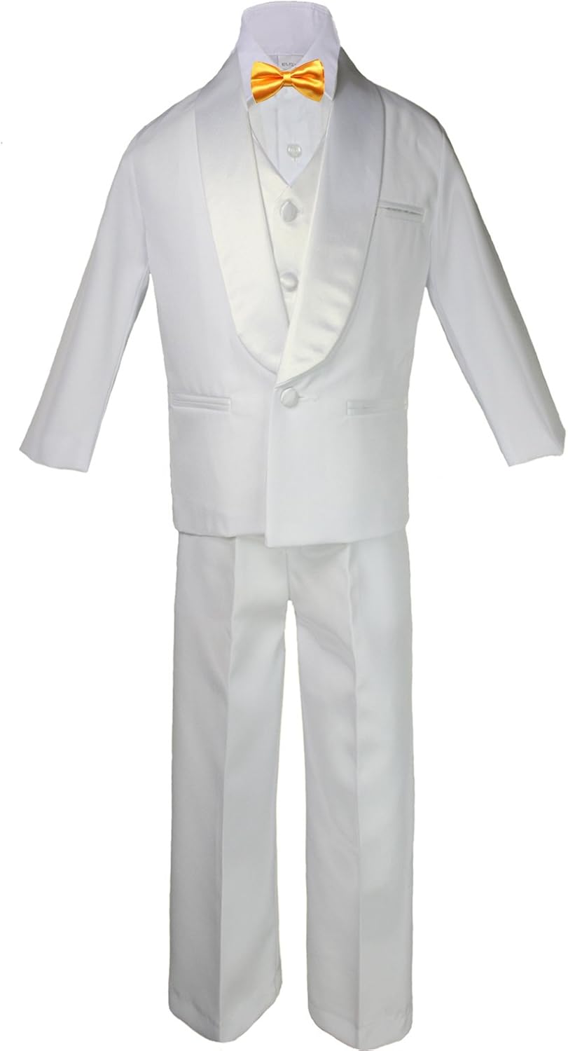 5-7pc Boy White Satin Shawl Lapel Suits Tuxedo Yellow Bow Necktie Vest Sm-20