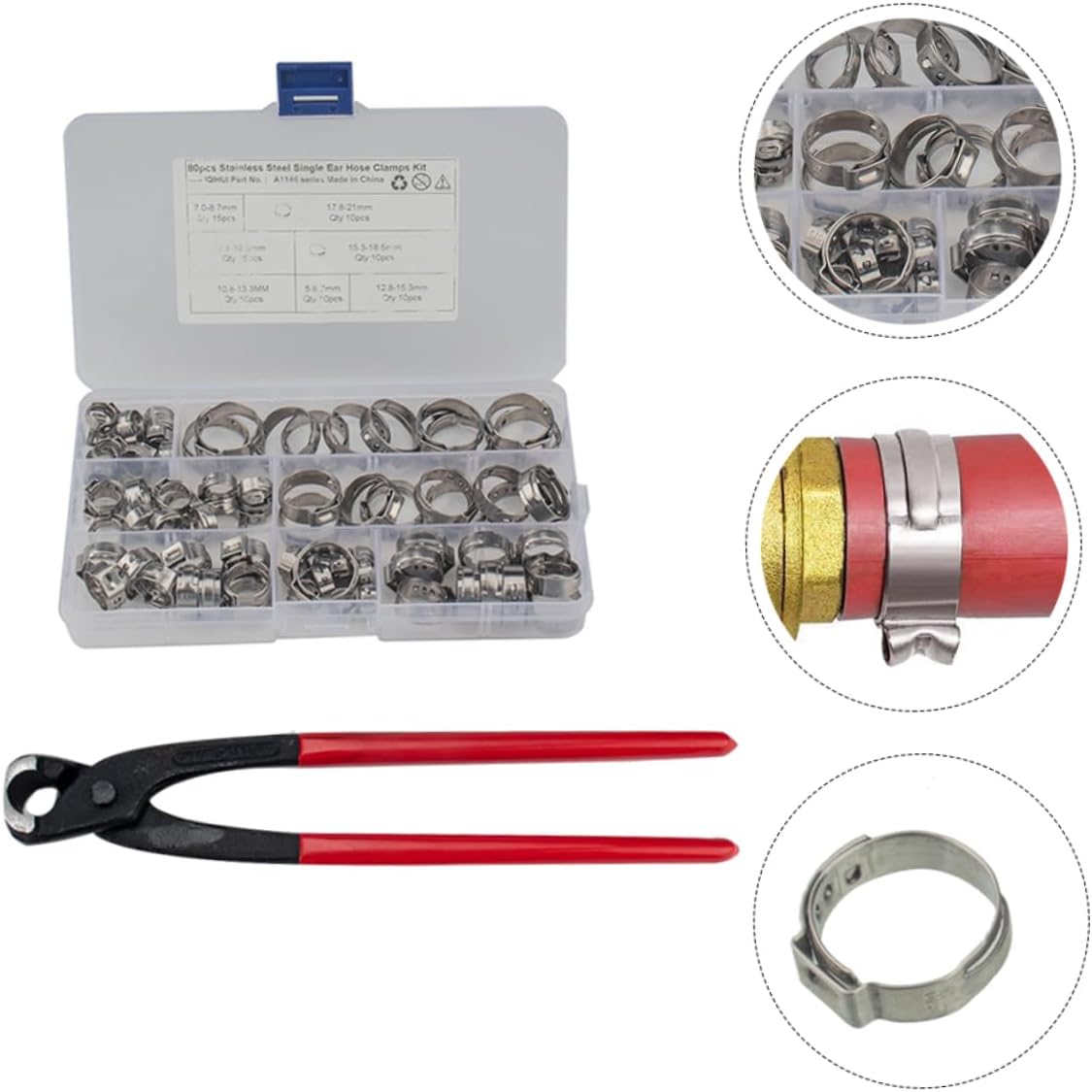 Cabilock Combination Clamp Kit Stainless Steel Single Ear Clamps Easy Storage Case for Hoses