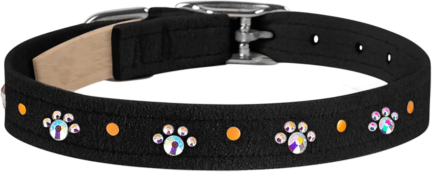 Susan Lanci Designs Premium Ultrasuede Crystal Paws Dog Collar, Black, X-Small