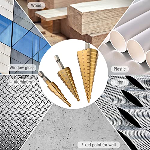 Workpro 3-Piece Step Drill Bit Set, 1/4" Hex Shank Quick Change High Speed Steel Titanium Coated Drill Bits For Plastic, Sheet Metal, Aluminum Hole Drilling, Well-Organized Bag Included,Metric #TOP7
