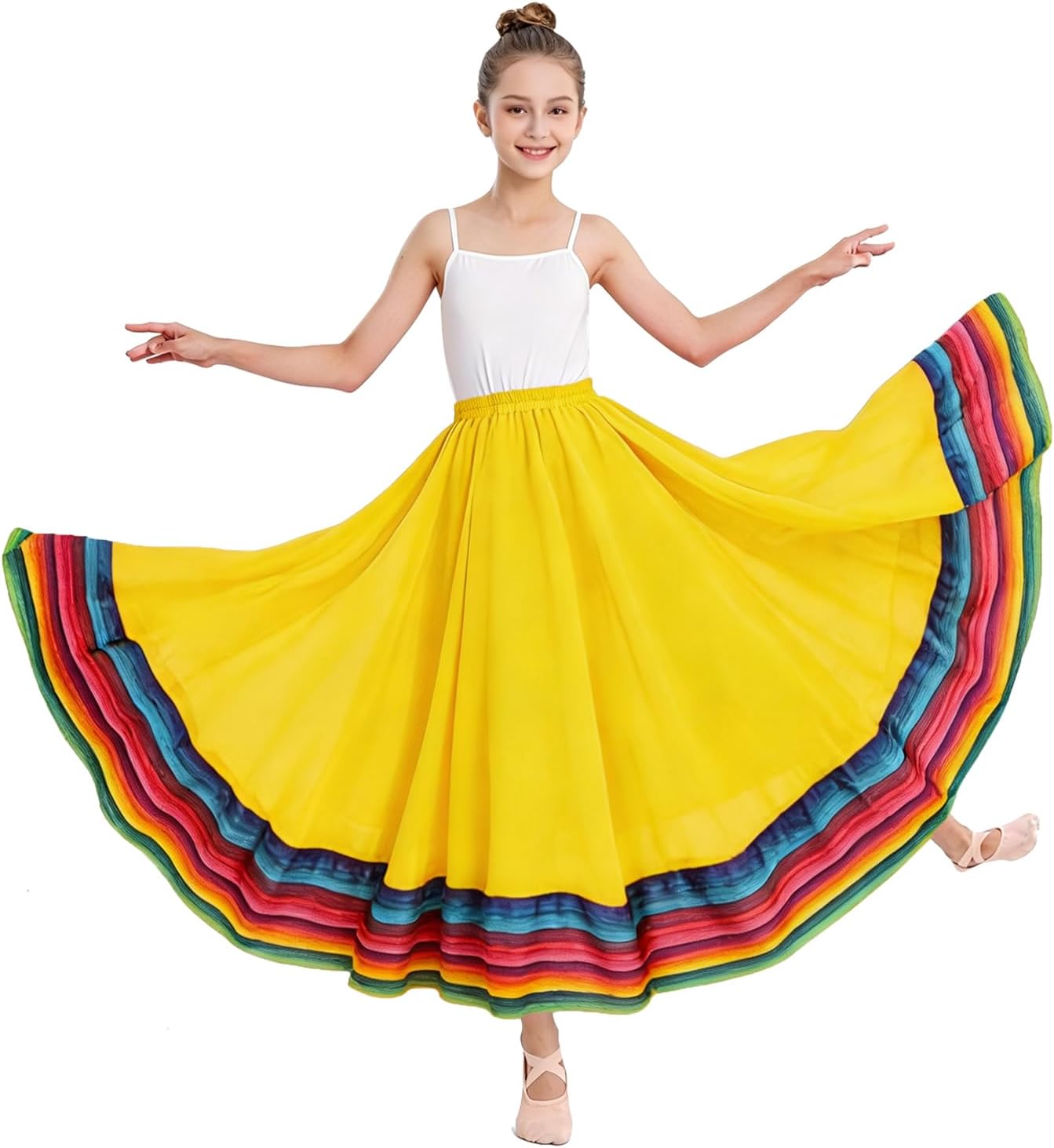 Girl's Lyrical Dance Skirt Elastic Waist Chiffon Long Swing Flowy Folklorico Skirts for Mexican Flamenco Dancewear