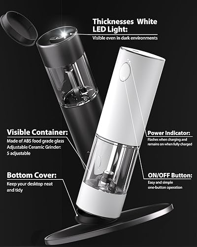 Miniatura 21 de TOMEEM Juego de molinillo eléctrico de sal y pimienta de mayor capacidad, recargable con luces LED, molinillo automático de pimienta y sal de acero