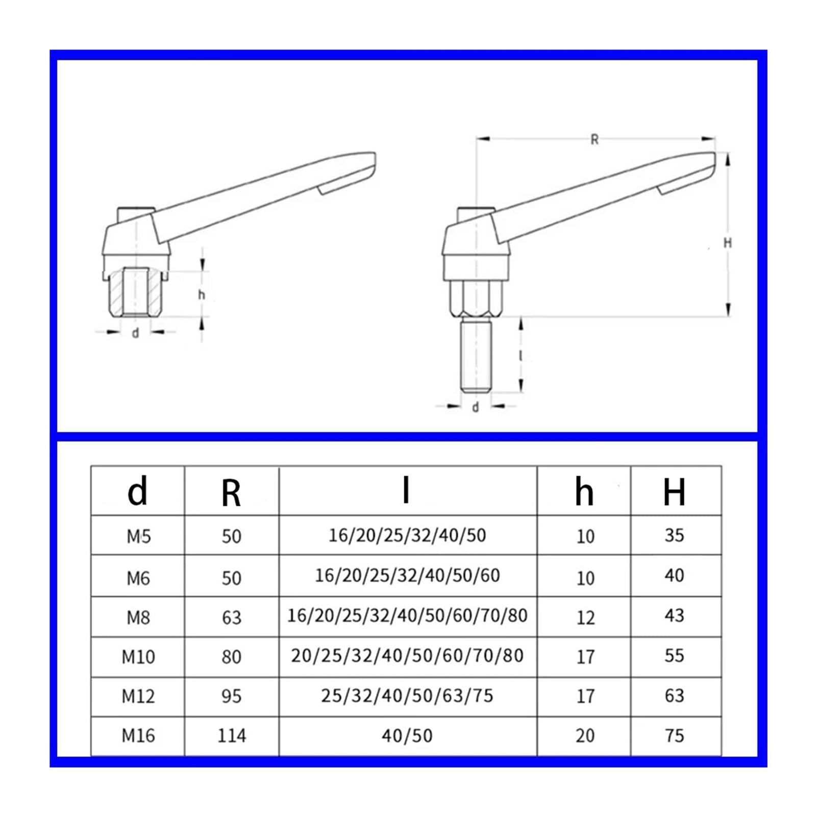 Regulowane uchwyty zaciskowe Regulowana dźwignia zaciskowa do maszyn, 1 sztuka M4, M5, M6, M8, M10, M12, M16, uchwyt blokujący, gwint zewnętrzny, przycisk ze stali stopowej (M16x63mm)