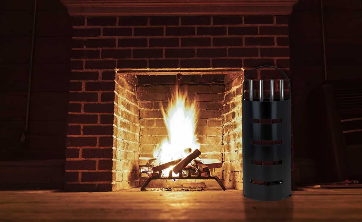 Set di 5 attrezzi da camino, in metallo resistente al calore e acciaio cromato, colore: nero/argento
