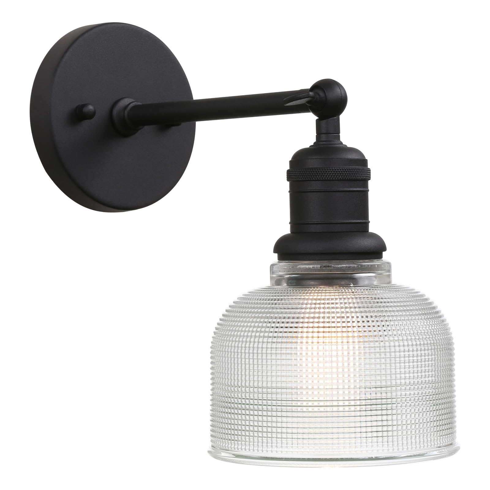 Yosoan Boho Indoor Vintage Wall Sconce with Striped Bowl Shade, 1-Light Modern Vanity Industrial Single Wall Mounted Hardwired Texture Glass Shade for Living Room Bedroom Fireplace Hallway(Black)