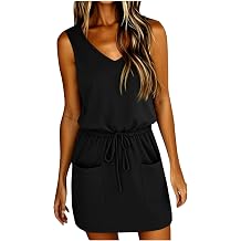 HGps8w Drawstring Waist Tank Dress for Women Summer 2025 Casual Sleeveless V Neck Mini Dresses with Pockets