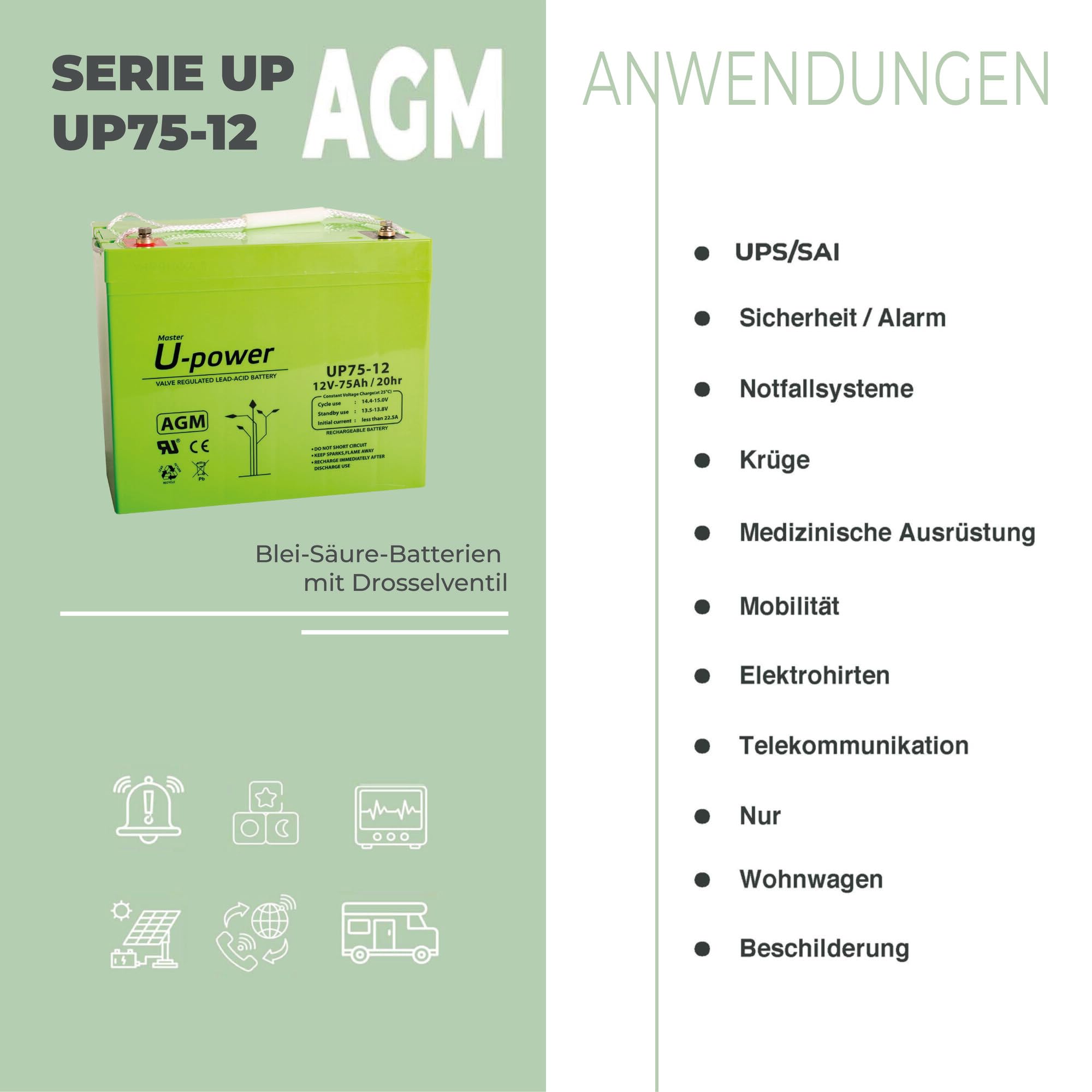 U-Power Batterie au Plomb Rechargeable AGM scellée 12 V 75 Ah Utilisation générale comme alarmes, UPS/SAI, sécurité, Jouets, etc. Borne à vis métrique M6