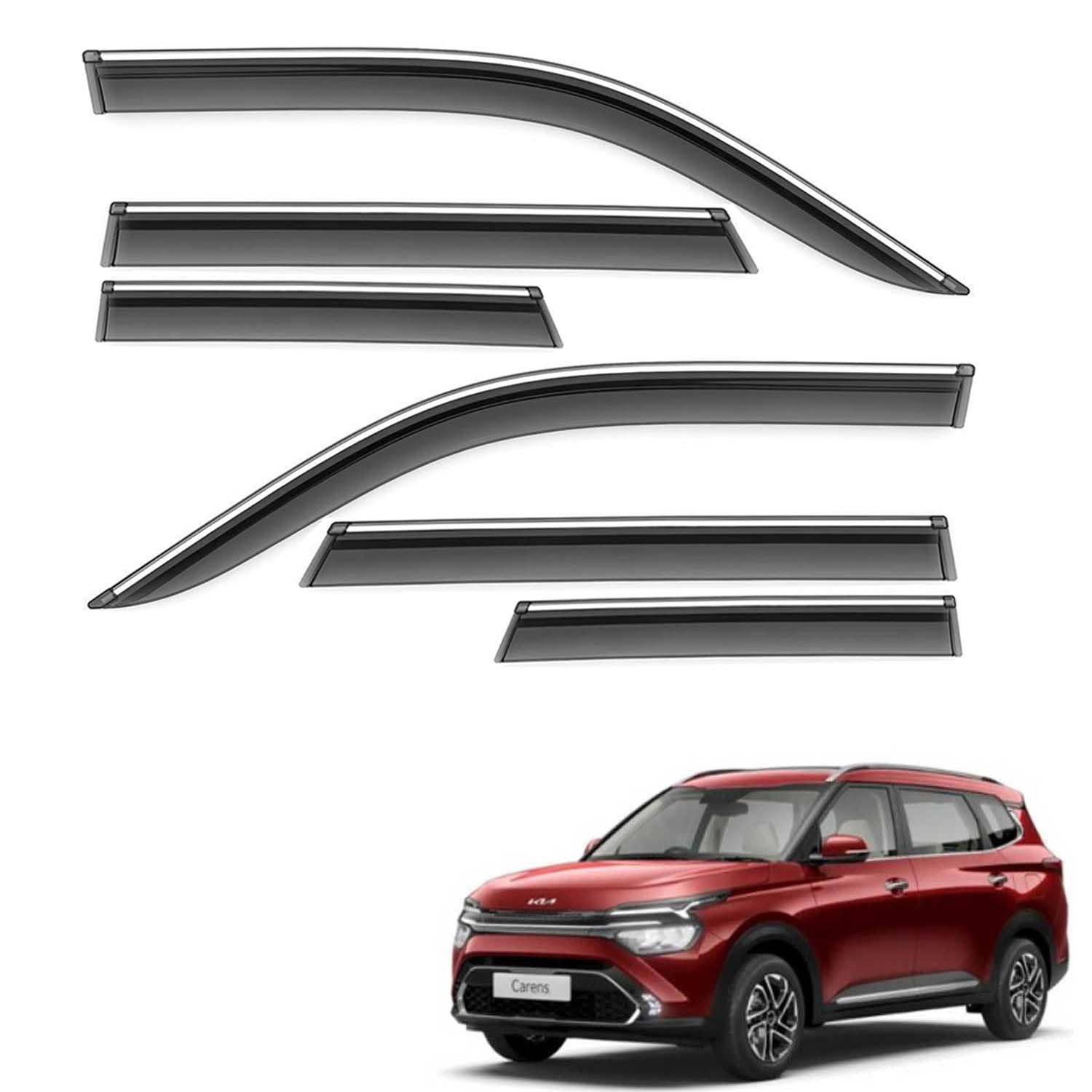Car Compatible Wind Deflectors Rain Guard Door Visor for Kia Carens (2022 Onwards Model) - Chrome Lined, Polycarbonate, Smoke, Set of 6 Pcs-picture-15