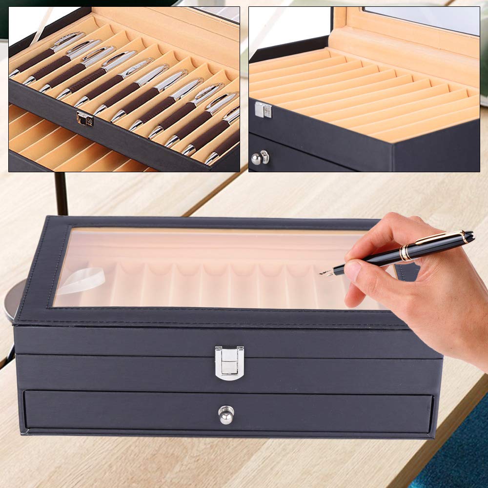 Meeden Sakura - Portapenne in legno con 24 scomparti, colore nero, 30,5 x 20 x 9,5 cm, coperchio trasparente, 2 livelli con cassetto
