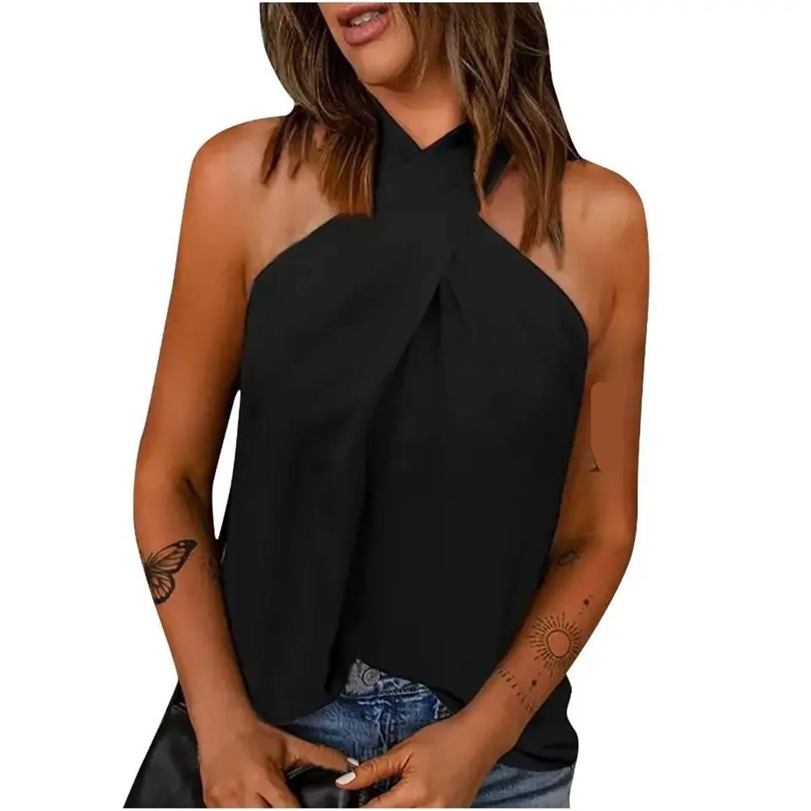 Top aderente lacci incrociati Scollo all'americana senza maniche Ves | Abbigliamento donna estivo tinta unita