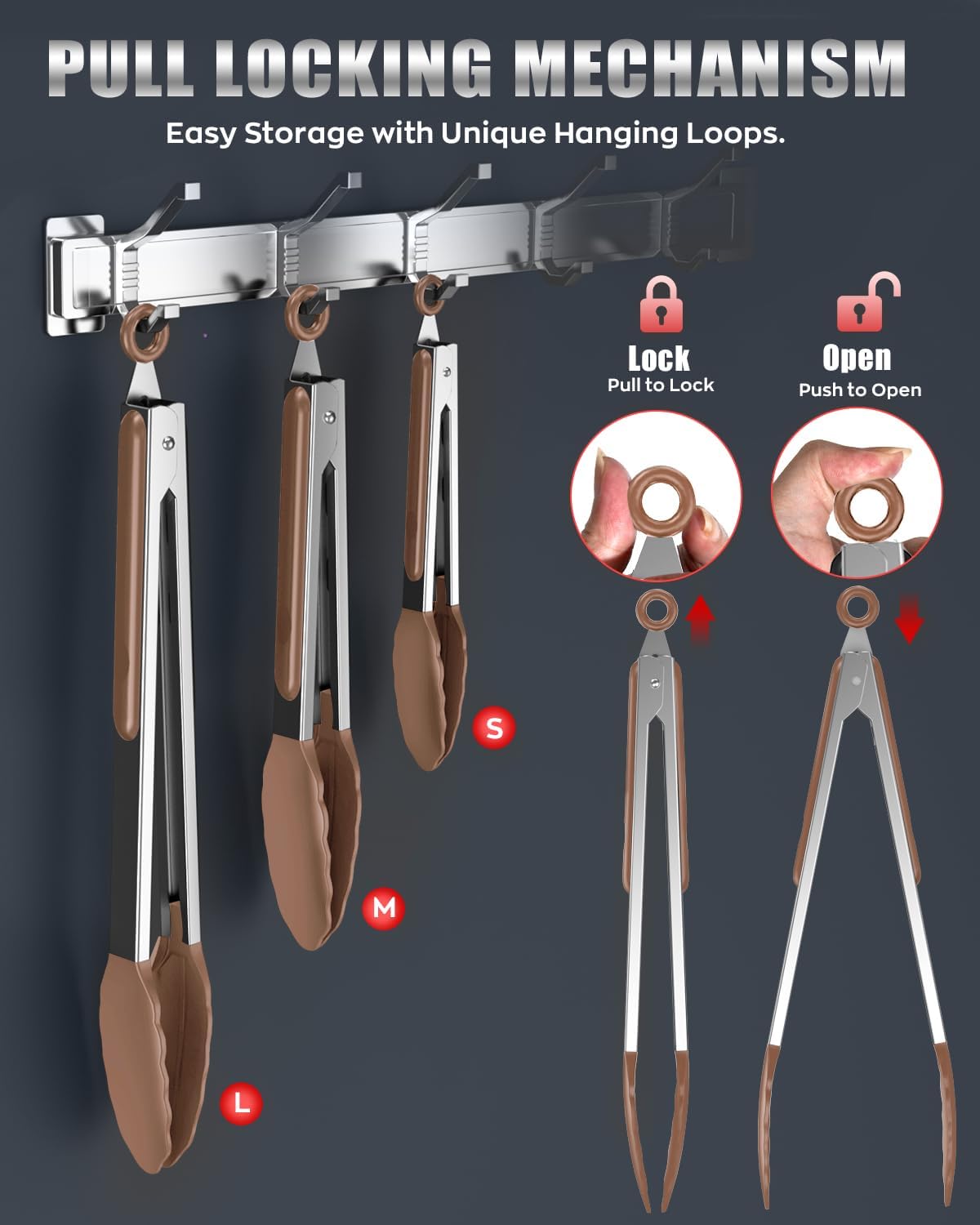 600ºF Heat Resistant Kitchen Tongs, Premium Locking Cooking Tongs with Silicone Tips, Non-Slip Food Tongs for Cooking, Non-Stick, Heavy Duty Stainless Steel Handle, Set of 3-7" 9" and 12" Mud color - Image 4